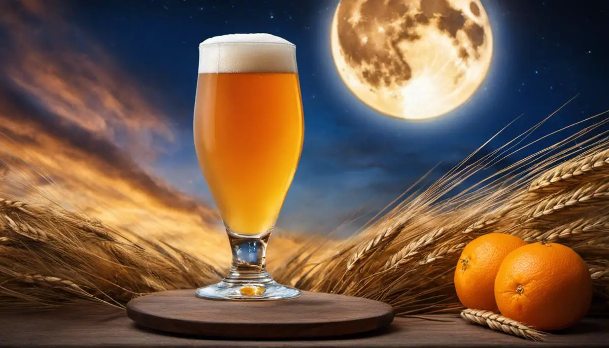 An image of a glass of Belgian-Style Wheat Ale with a slice of orange on top, representing the Blue Moon beer experience.