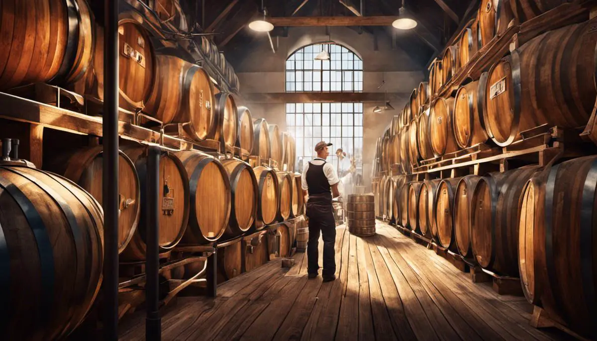 An image showcasing the craft beer industry, featuring brewers in a brewery surrounded by barrels of beer.