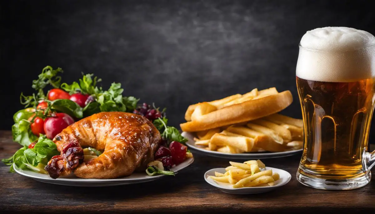 An image of a beer mug and a plate of food, symbolizing the pairing of beer and food