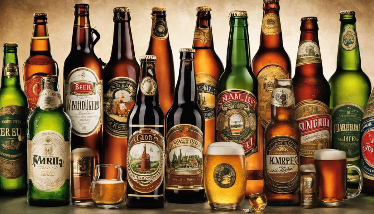 An image depicting various beer bottles and mugs, symbolizing the significance of beer in literature.