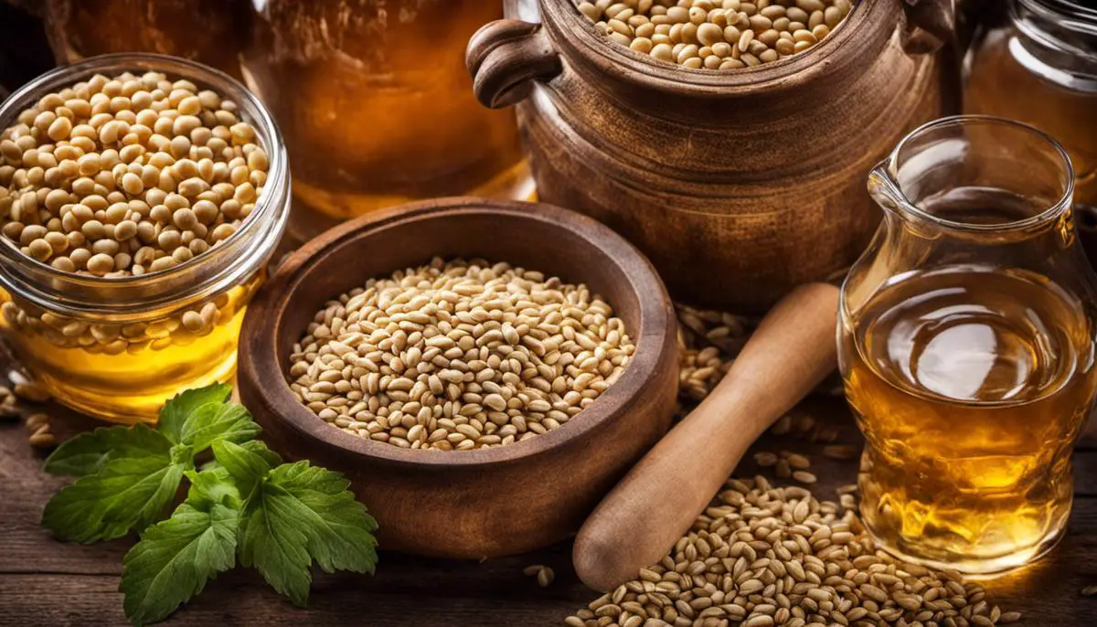 A close-up image of various ingredients used in brewing beer, including barley, hops, and yeast.