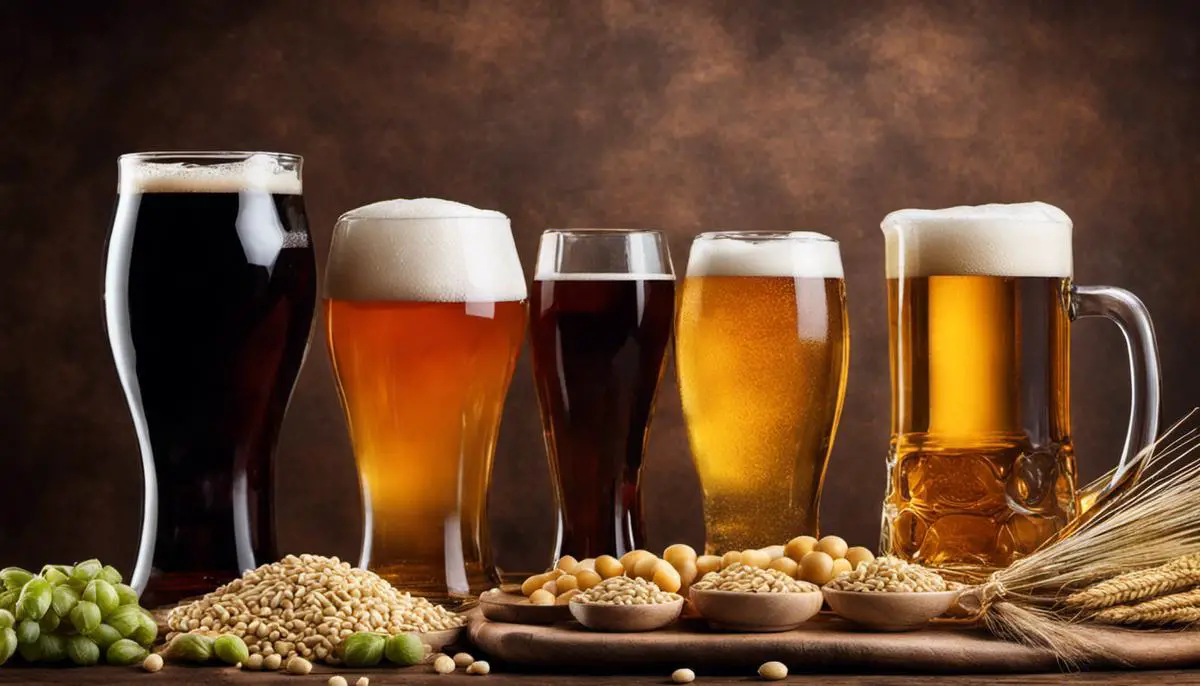 A close-up image of different types of beer ingredients including barley, hops, yeast, and water, representing the four basic ingredients in beer.