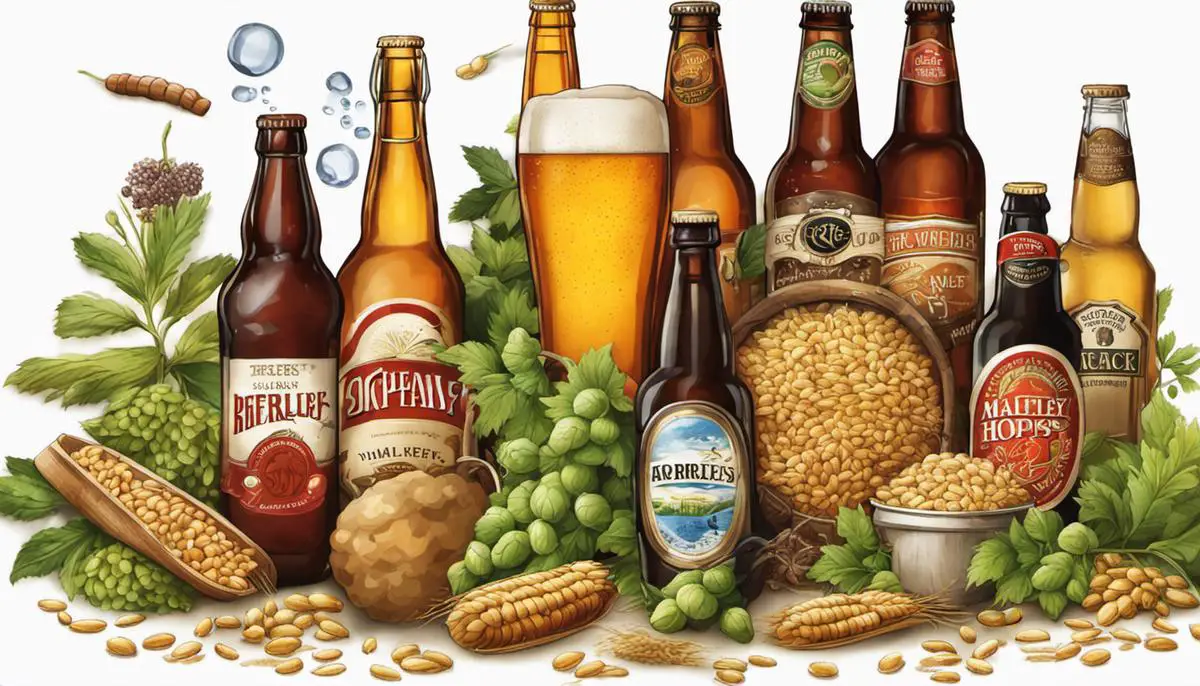 Illustration of various beer ingredients, including malted barley, water, hops, and yeast.