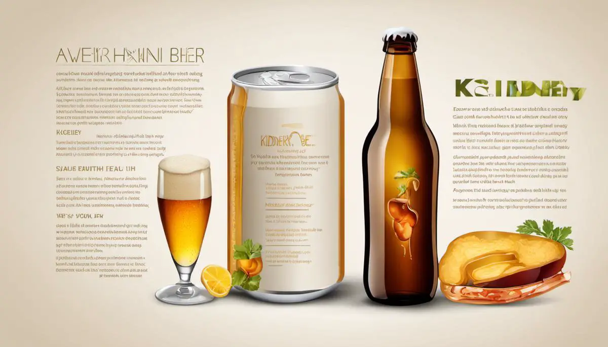 Illustration of a glass of beer and a healthy kidney, representing the potential benefits of moderate beer consumption for kidney health.