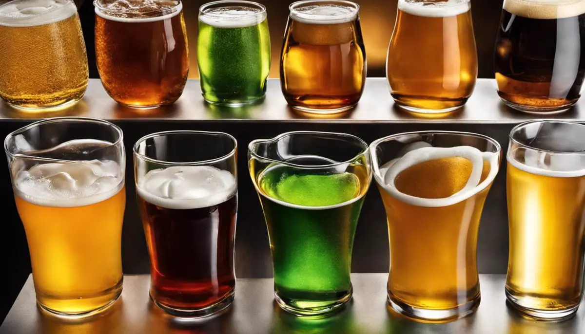 An image of a variety of beers with different colors and foamy heads, representing the topic of nutrients in beer.