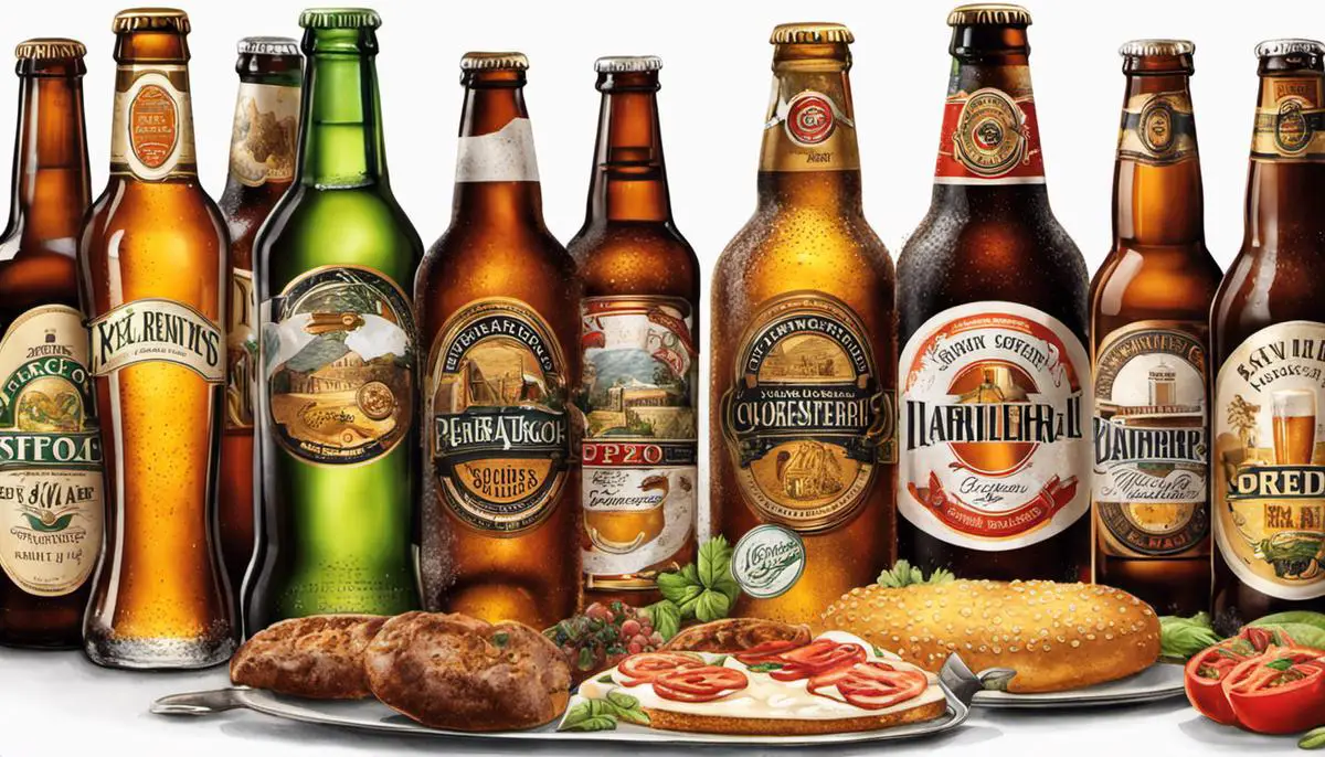 Illustration of different beer bottles and food items on a table.