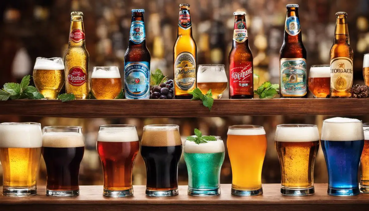 A variety of beers of different colors and styles.