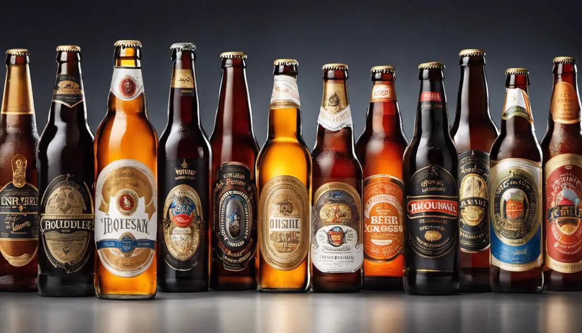 A variety of beer bottles with different labels representing the diverse beer offerings from different countries.