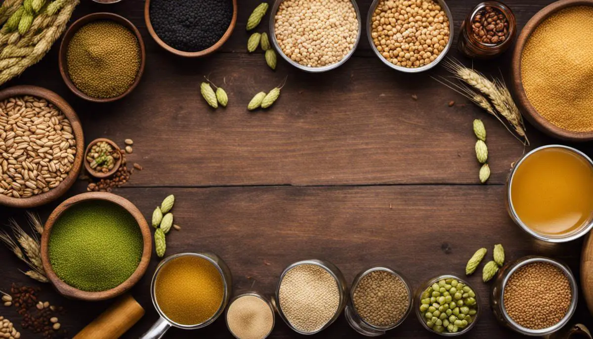 A picture of different beer ingredients, including malted barley, hops, yeast, and water, representing the brewing basics.