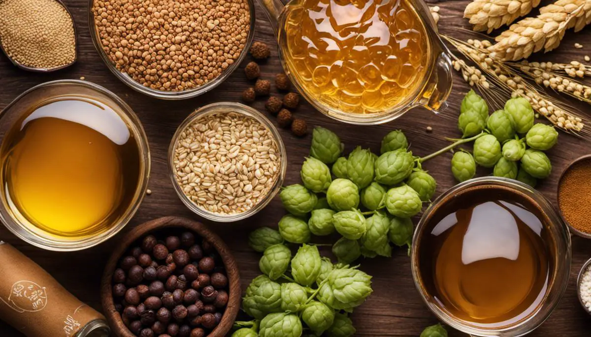 Image depicting a selection of beer ingredients including water, malted grain, hops, and yeast.