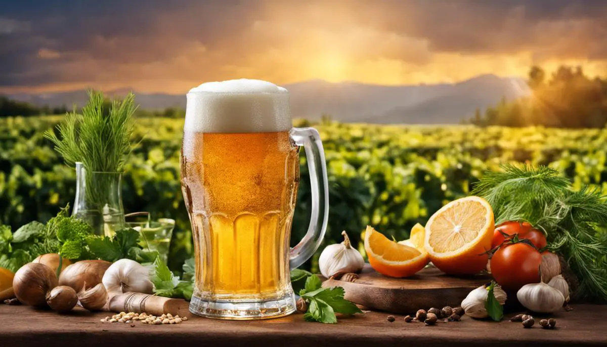 A refreshing glass of Lager beer surrounded by culinary ingredients