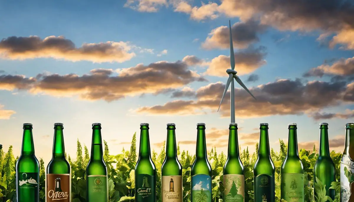 An image of craft beer bottles and a wind turbine against a clear blue sky, representing the intersection of the craft beer industry and environmental sustainability.