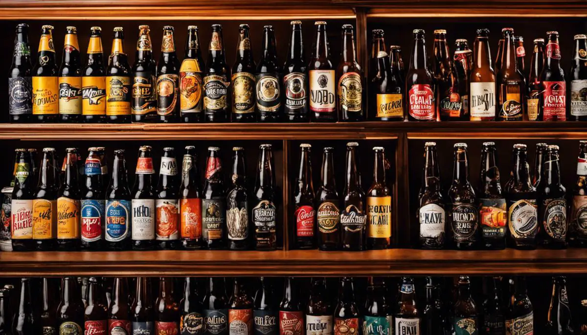 A variety of craft beers displayed on a bar counter