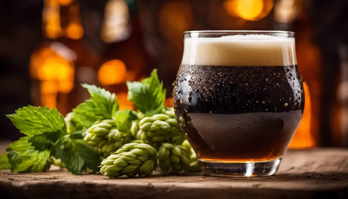 A close-up image of a glass of craft beer with a foamy head, surrounded by hops and barley, representing the essence and craftsmanship of craft beer.