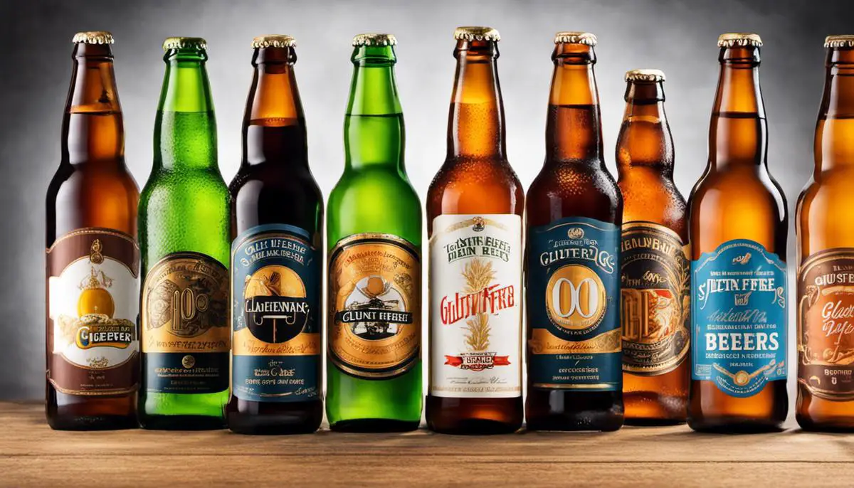 A variety of gluten-free beers in bottles and glasses, representing the topic of the text about the health implications of gluten-free beers.