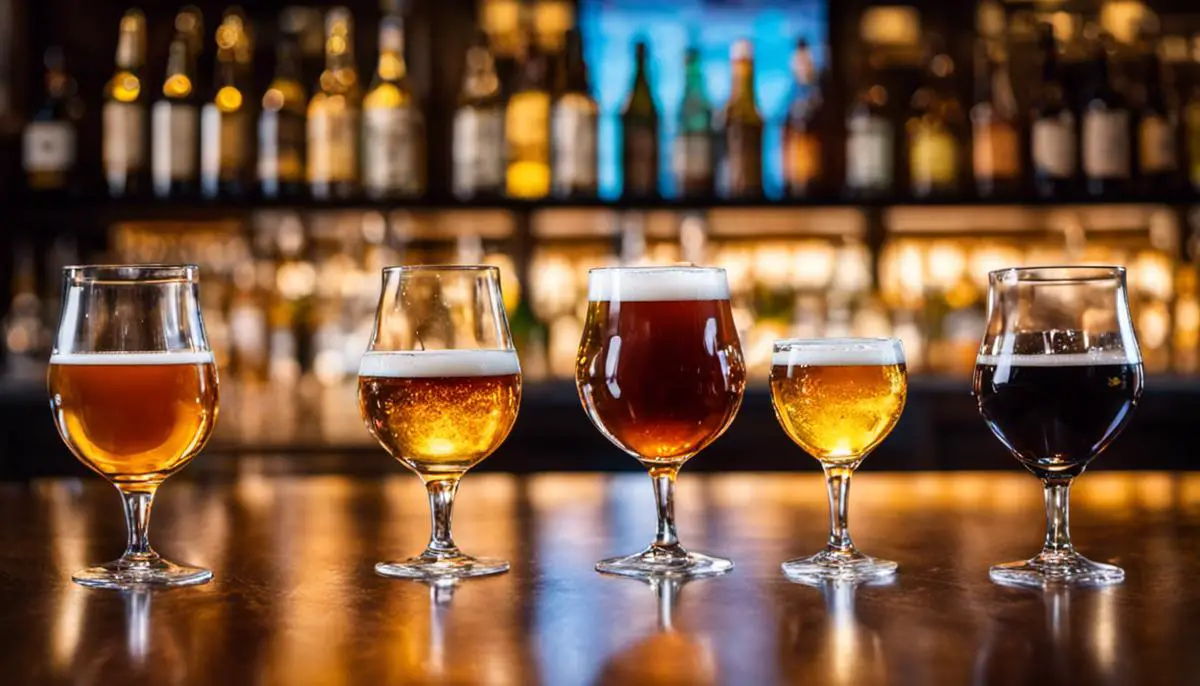 Image of non-alcoholic beers in different glasses on a bar counter