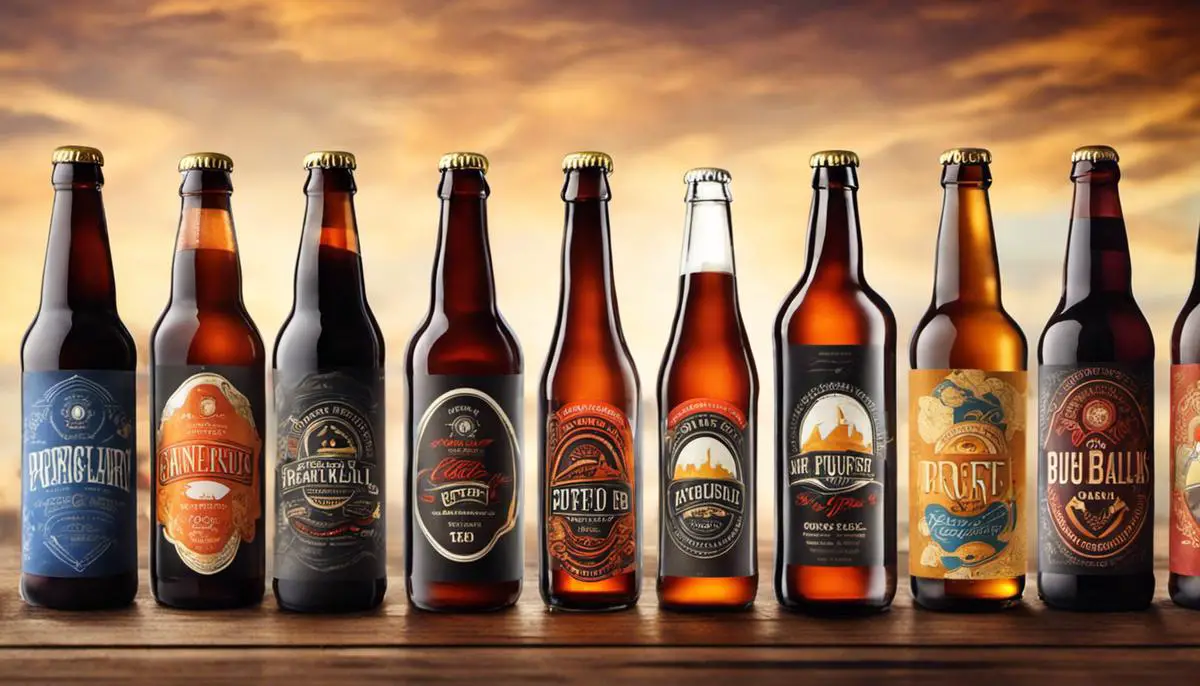 A group of various craft beer bottles with different labels and colors, representing the diverse and creative nature of craft beer.