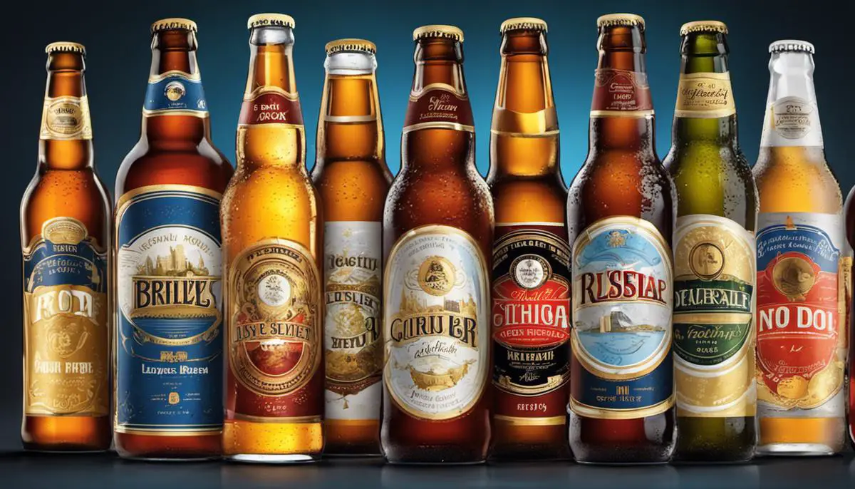 Illustration of various light beers with different colors and labels