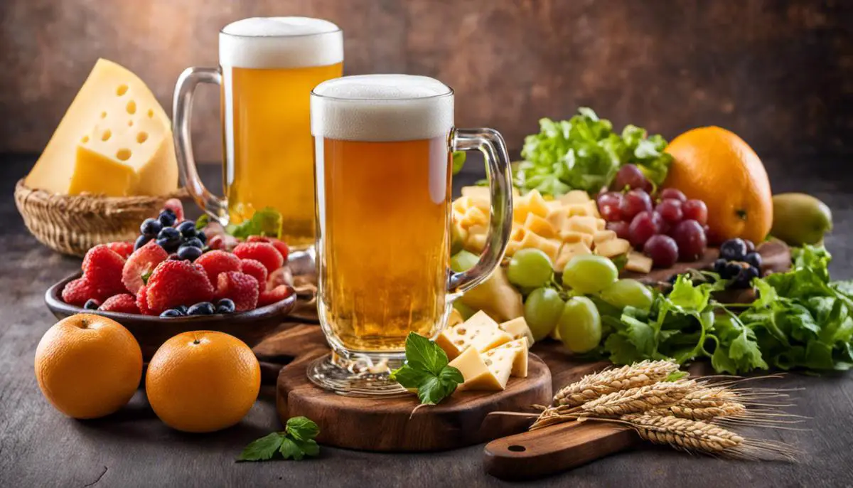 Image of a glass of wheat beer next to ingredients like fruits, salad, and cheese, representing the versatile use of wheat beers in cooking